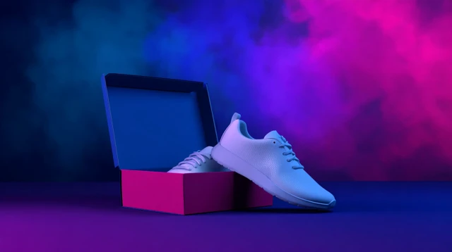 White Running Shoes in Pink Box Product Photography
