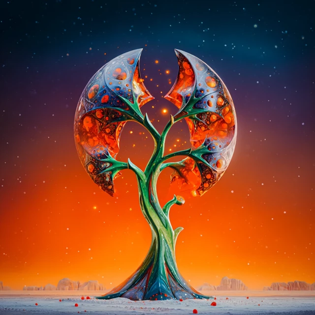 Tree of Life Blown Glass Art with Gold Fractals