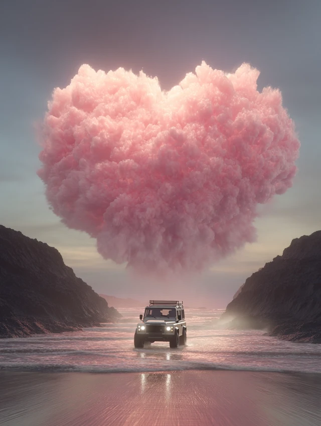 Land Rover Defender Heart Cloud Ocean Scene CGI
