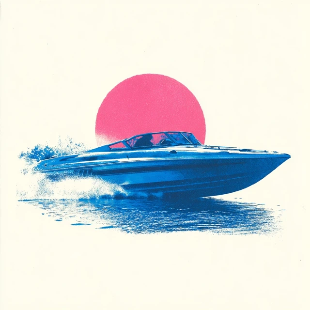Blue Speedboat Illustration with Sun and White Background