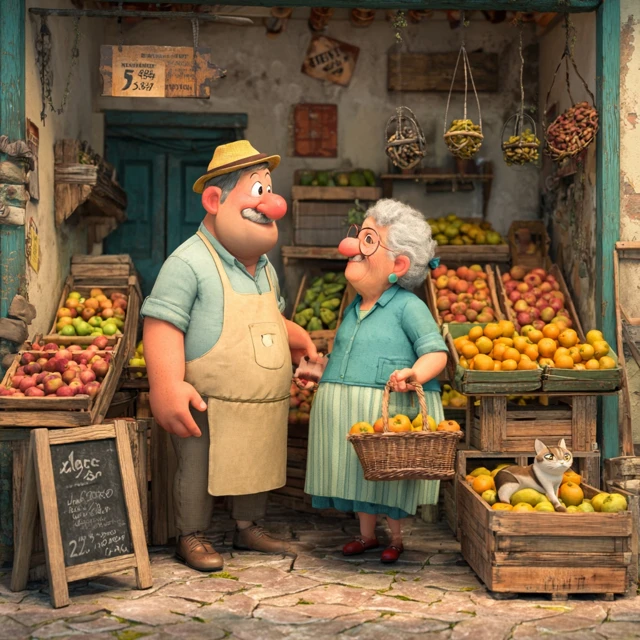 Cartoon Fruit Stand Scene Man and Woman