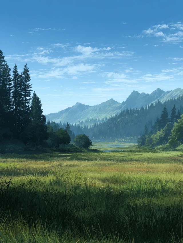 Grassy Field Forested Mountains and Blue Sky Landscape