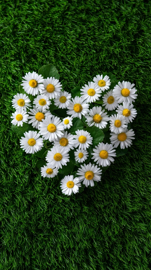 Daisies Heart Shape on Green Grass Nature Theme