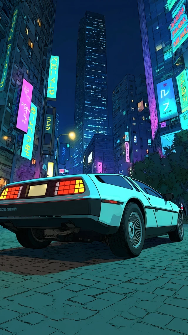Futuristic DeLorean in Neon Cityscape