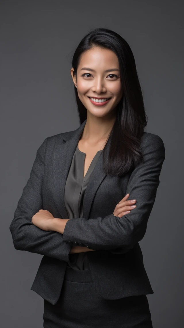 Professional Asian Woman Smiling in Office Suit