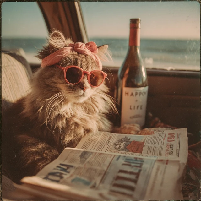 Cat on a Beach Road Trip Vintage Polaroid