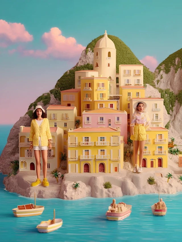 Amalfi Coast in Toy Cartoon Style Pastel Colors