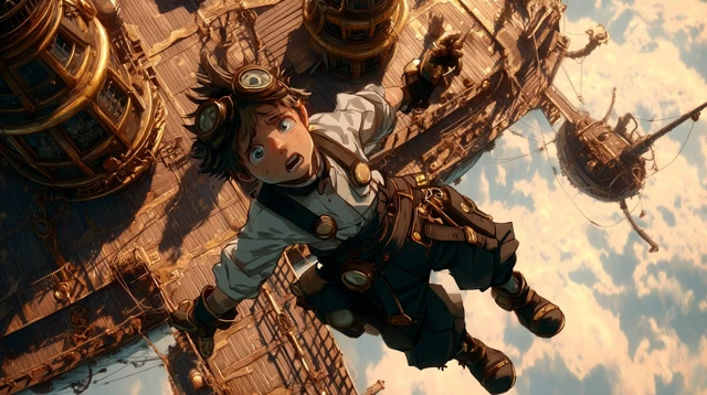 Steampunk Boy Anime on Airship Epic Illustration