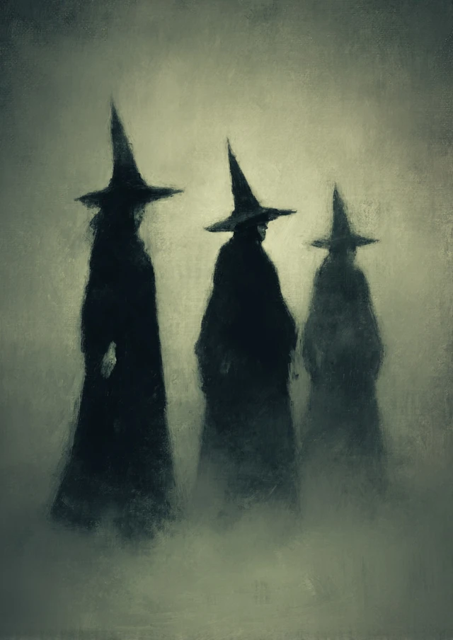 Three Witches in Fog Moody Oil Painting