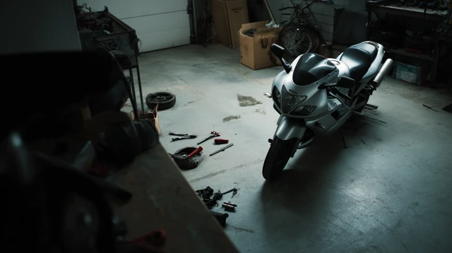 Broken Motorcycle in Garage