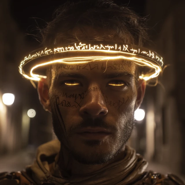 Mystical Man with Glowing Halo and Golden Eyes