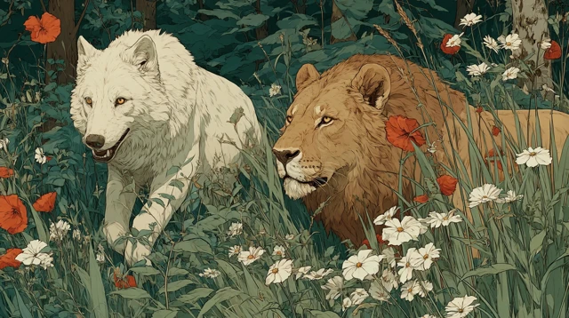 White Wolf and Lion Playing in the Grass
