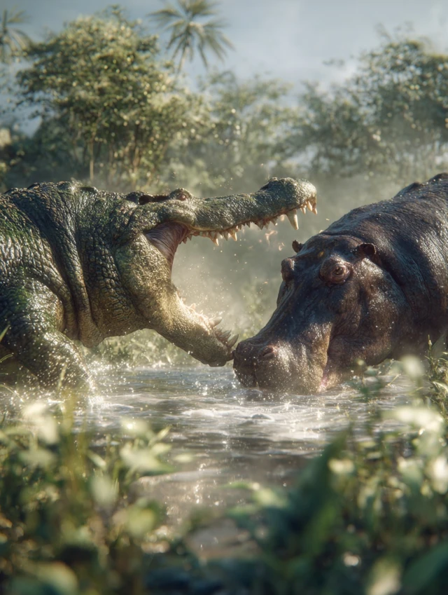 Crocodile vs Hippo Battle River Bank