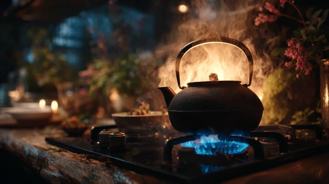 Steaming Kettle on Gas Stove Kitchen Memories UHD 8K