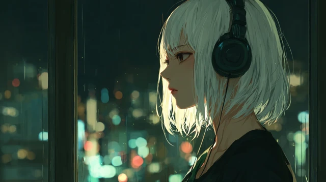 Anime Girl with Headphones Night City View