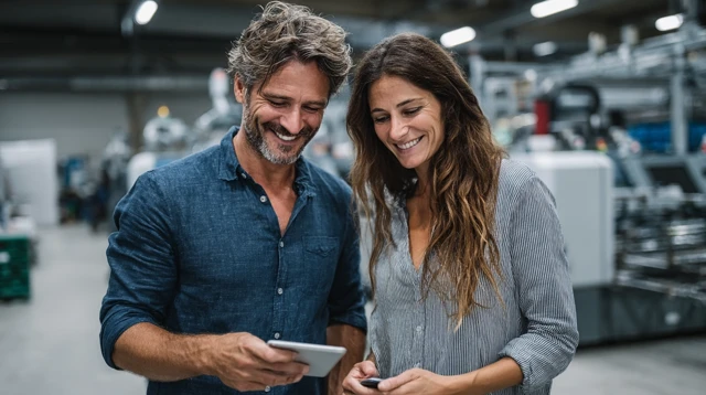 Business Team Analyzing Production Data in Factory