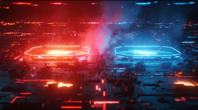 Cyber Battle Epic Scene Red vs Blue Futuristic Warfare