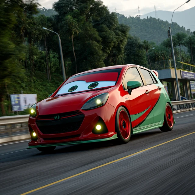 Pixar Style Animated Perodua Myvi on the Highway