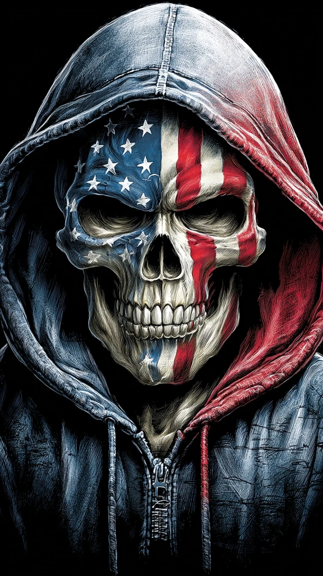 Skull in American Flag Hoodie Wallpaper