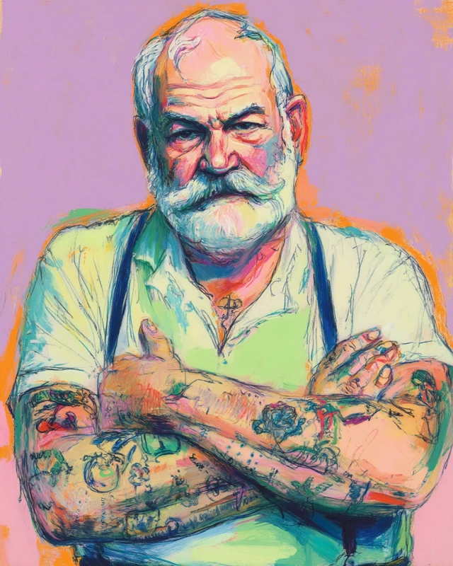 Ernest Hemingway Tattoo Portrait by Wayne Thiebaud