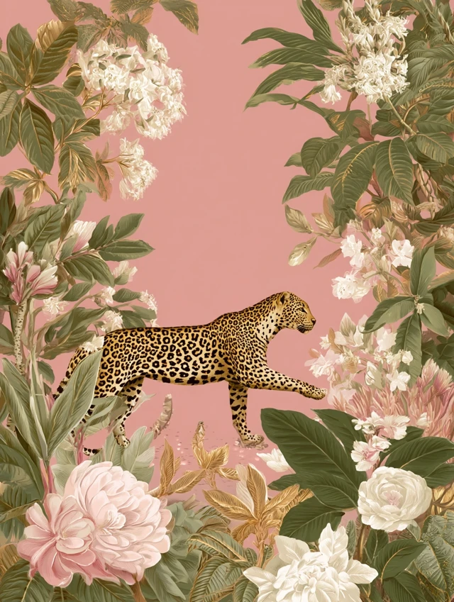 Leopard in a Botanical Pink Jungle Illustration