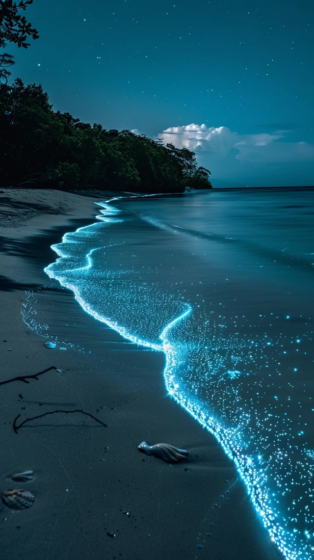 Bioluminescent Beach Night Scene Photography