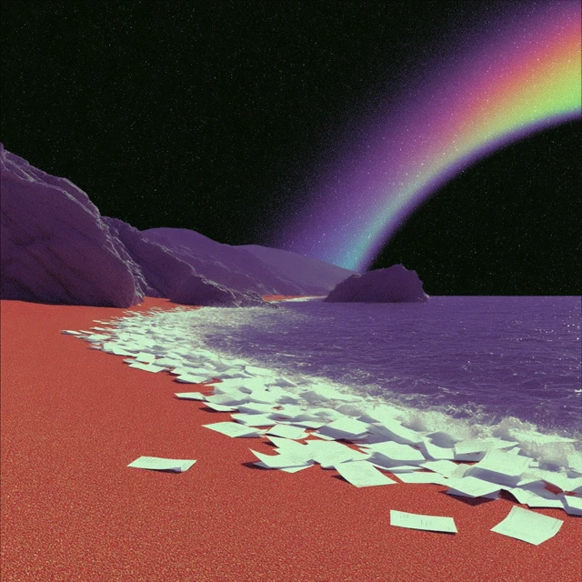 Psychedelic Beach Scene with Rainbow and Papers