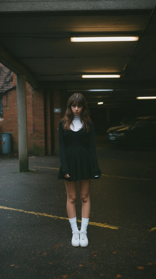Girl in black dress and white sneakers in an urban setting