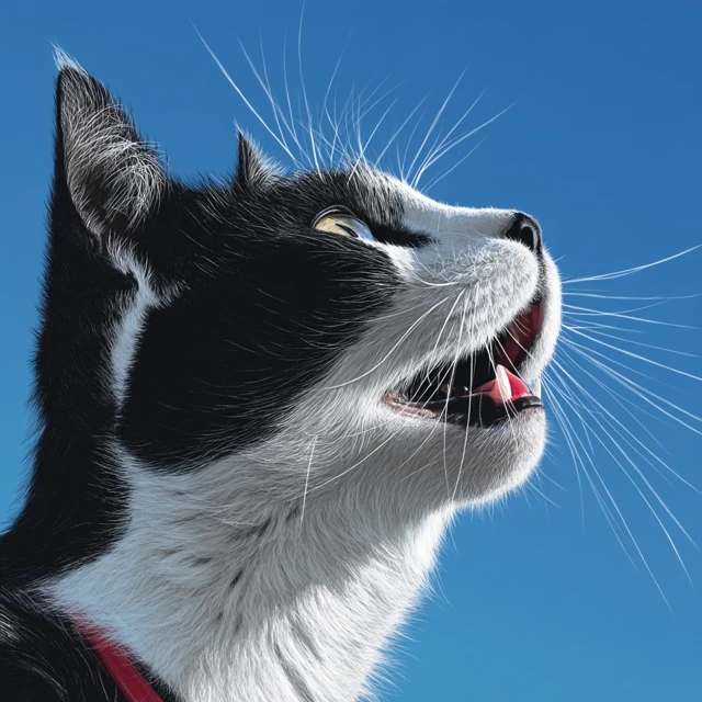 Excited Tuxedo Cat Profile Against Blue Sky