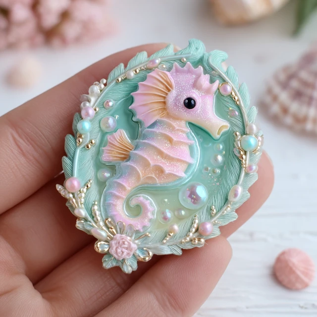 Kawaii Seahorse Brooch Polymer Clay Art