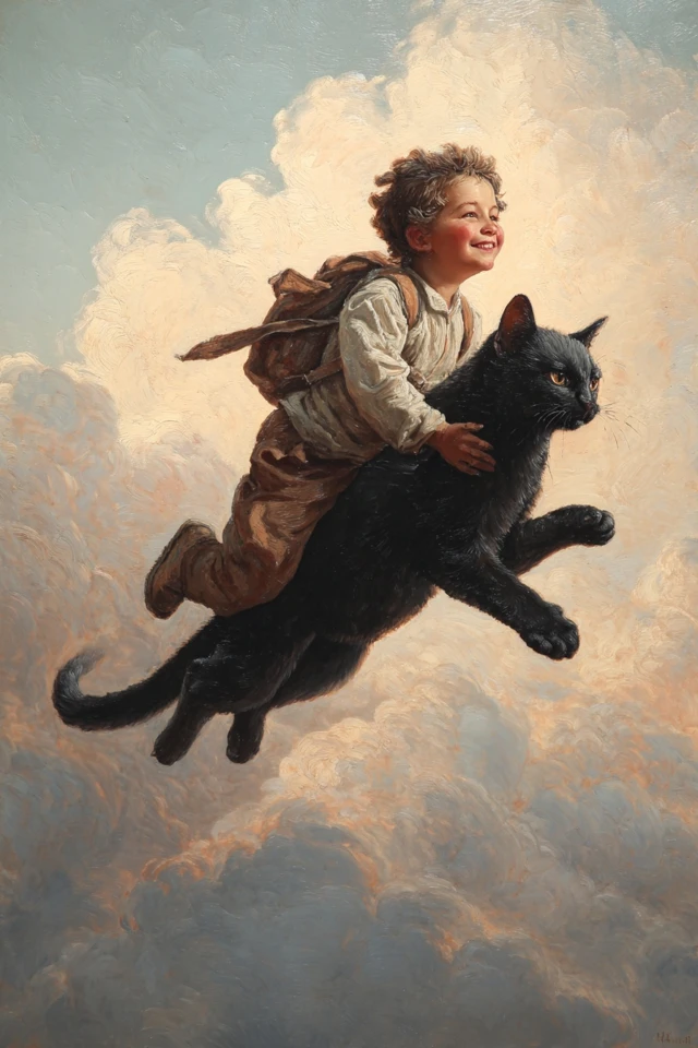 Angel Child Riding Cat Oil Painting
