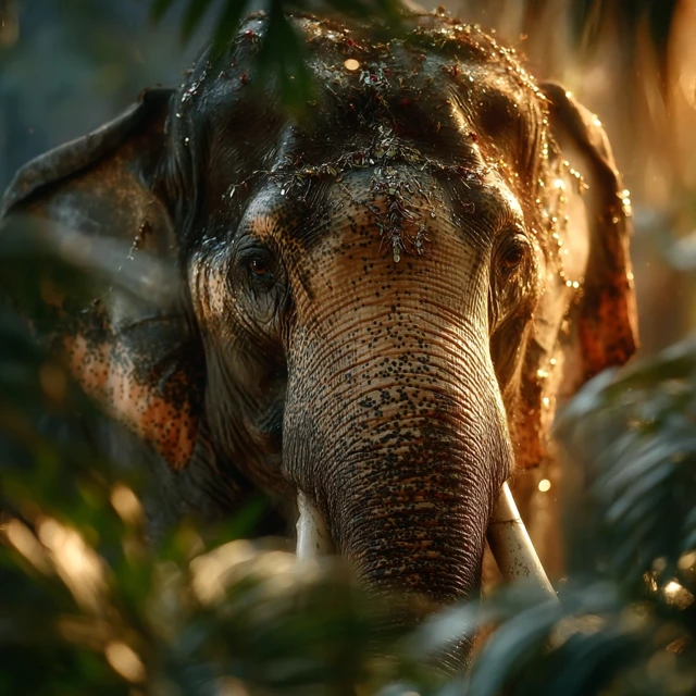 Indian Elephant in Jungle Golden Hour Sunlight