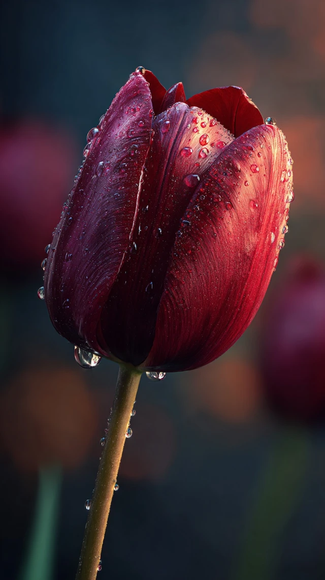 Red Tulip Macro Photography with Water Droplets