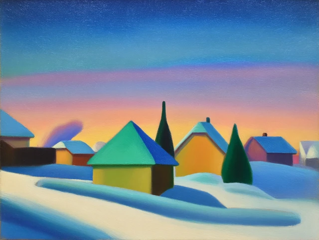 Snowy Village Painting Morning Sunrise Sky
