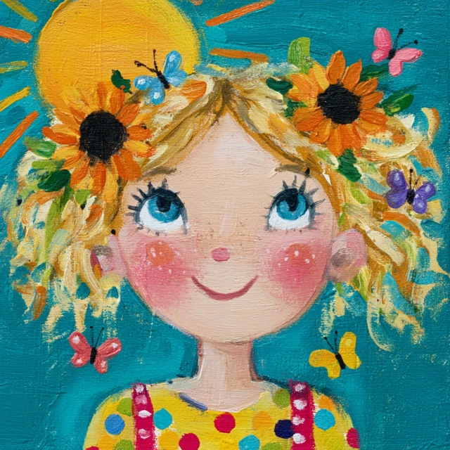 Cheerful Summer Girl Gouache Portrait Childlike Art