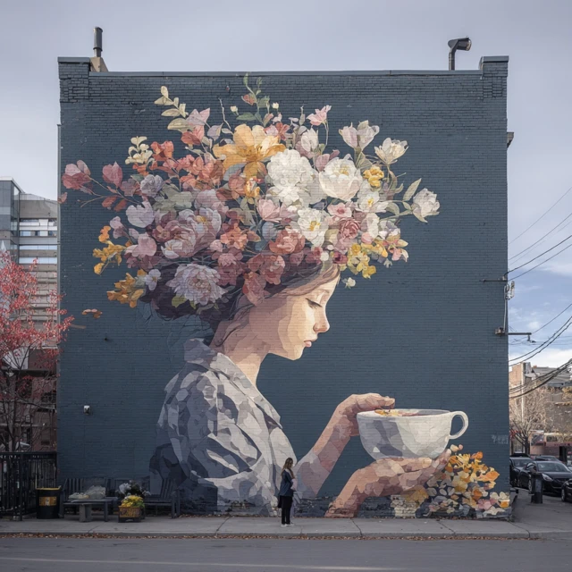 Mural Girl with Flowers and Coffee Cup