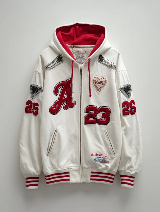 Mens Red and White Baseball Hoodie Jacket