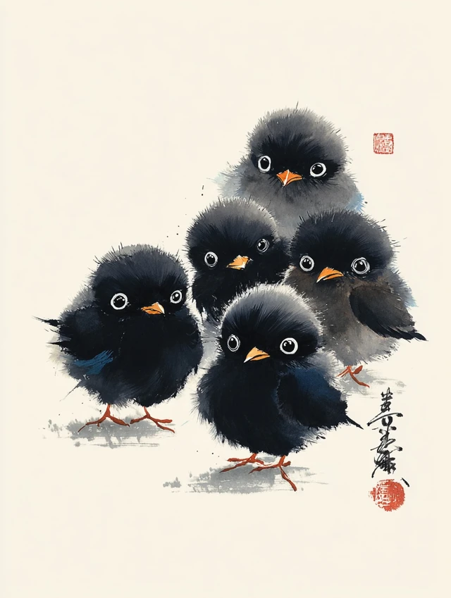 Whimsical Chicks Chinese Ink Painting