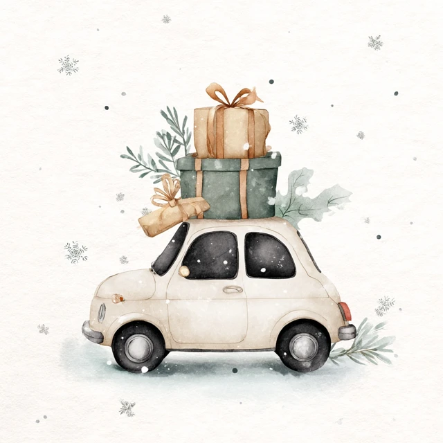 Cute Christmas Car Watercolor Illustration