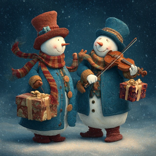 Snowman Violin Players Christmas Scene