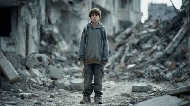 Boy in Ruined City Cinematic Portrait