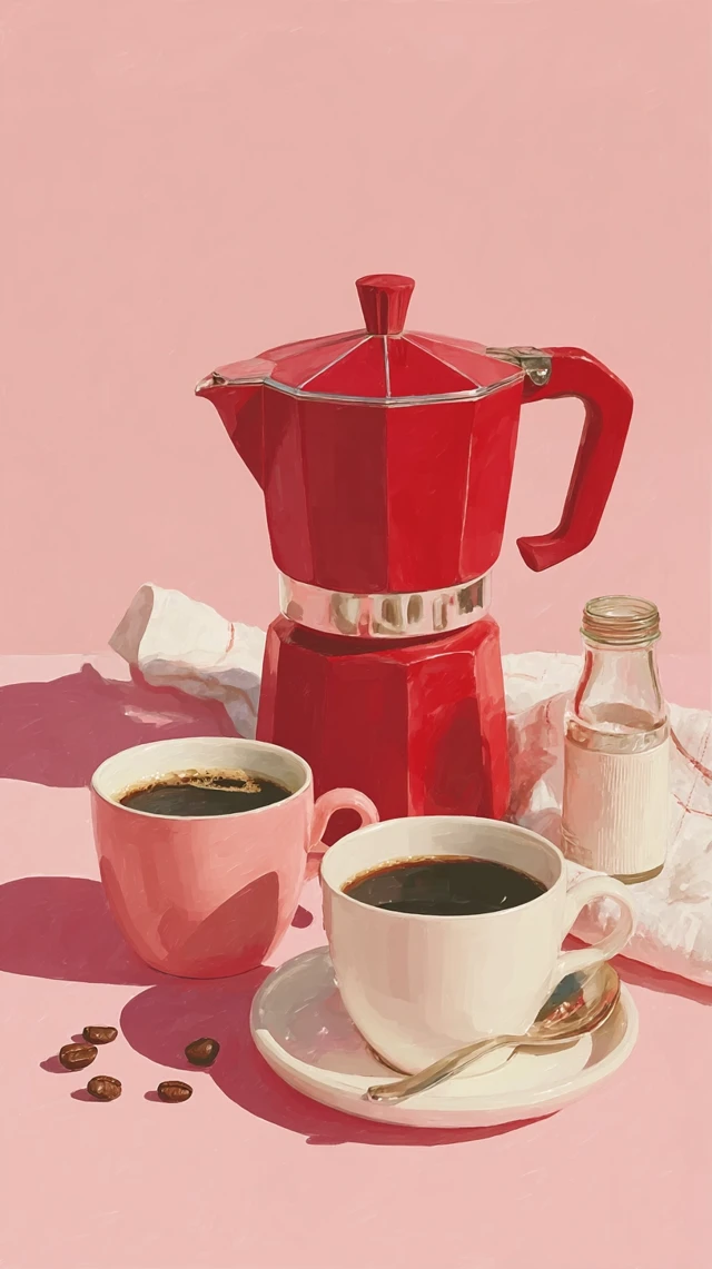 Red Moka Pot with Coffee Cups Photography