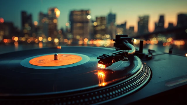 Vintage Turntable Spinning Record Cityscape
