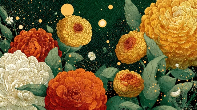 Whimsical Flower Illustration Japanese Woodblock