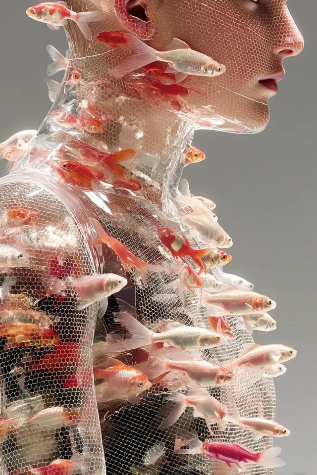Glass Figure with Goldfish: Surreal Art