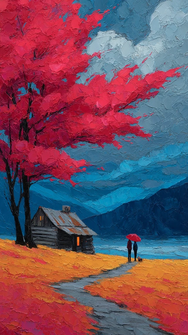 Autumn Landscape Oil Painting Maple Cabin Path