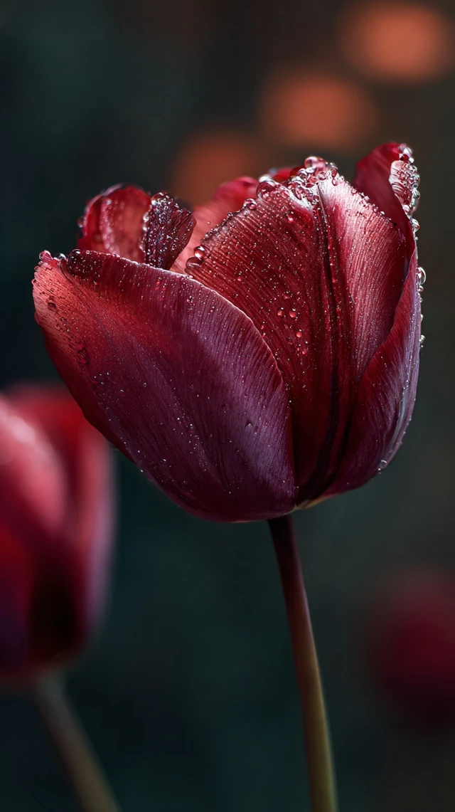 Red Tulip Macro Photography with Water Droplets