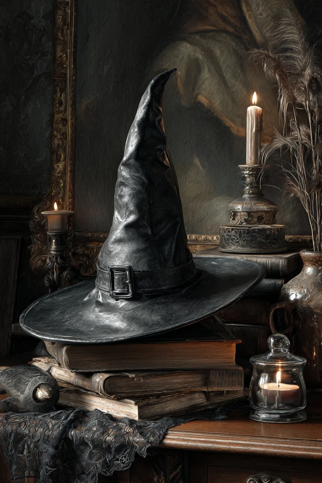 Witch Hat on Books Candles Gothic Art