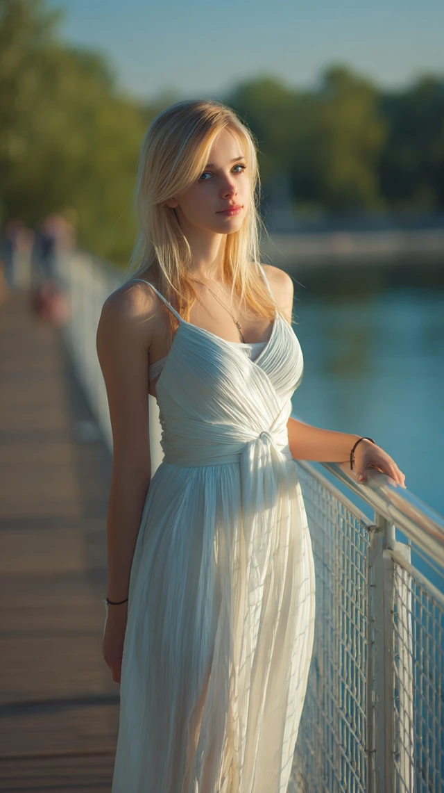 Blonde Woman in White Dress on Bridge Over Lake