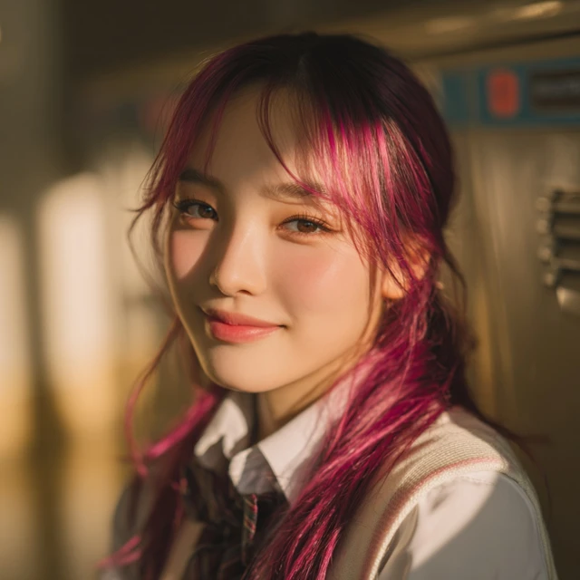 Korean High School Girl Portrait Magenta Hair Smile